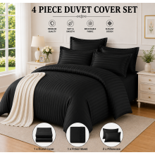 (King 4PC Stripe Duvet Set, Black) Moonlight 4PC Satin Stripe Duvet Cover Set with Sheet & Pillowcases