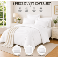 (Single 4PC Stripe Duvet Set, White) Moonlight 4PC Satin Stripe Duvet Cover Set with Sheet & Pillowcases