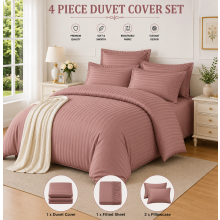 (Single 4PC Stripe Duvet Set, Peach) Moonlight 4PC Satin Stripe Duvet Cover Set with Sheet & Pillowcases