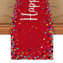 Camino de mesa rojo de lunares de feliz cumpleaños, 13x60 pulgadas.