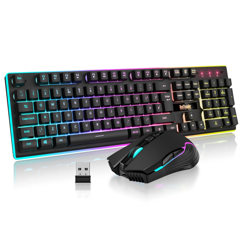 Redthunder K10 Wireless Gaming Keyboard And Mouse Combo, Led Backlit Rechargeable 3800Mah Battery, Uk Layout Mechanical Feel Keyboard + 7D 3200Dp 8674962085072
