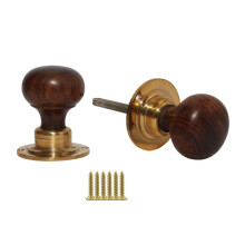 Rim door knob set Plain Round Teak and Brass