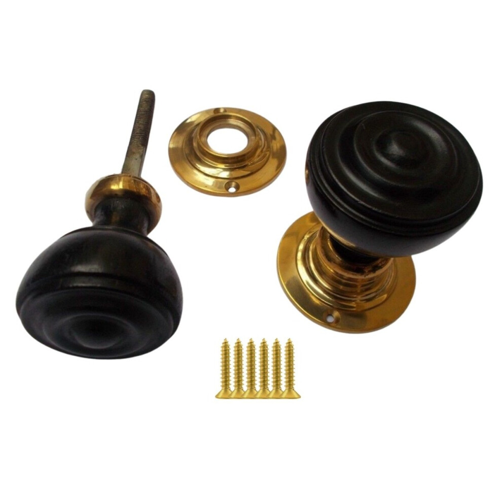 Rim Door Knob Set Bun Wooden Ebony And Brass By Ironmongery World 5057067475338