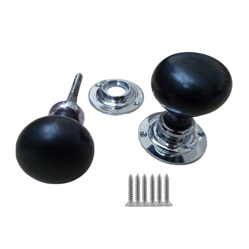 Rim Door Knob Set Plain Round Ebony and Chrome
