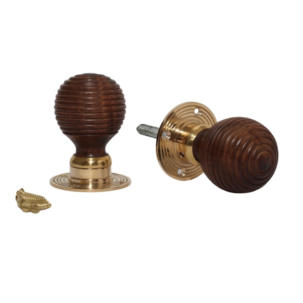 Mortice Door Knob Teak + Brass Wooden Beehive By Ironmongery World 5057067960919