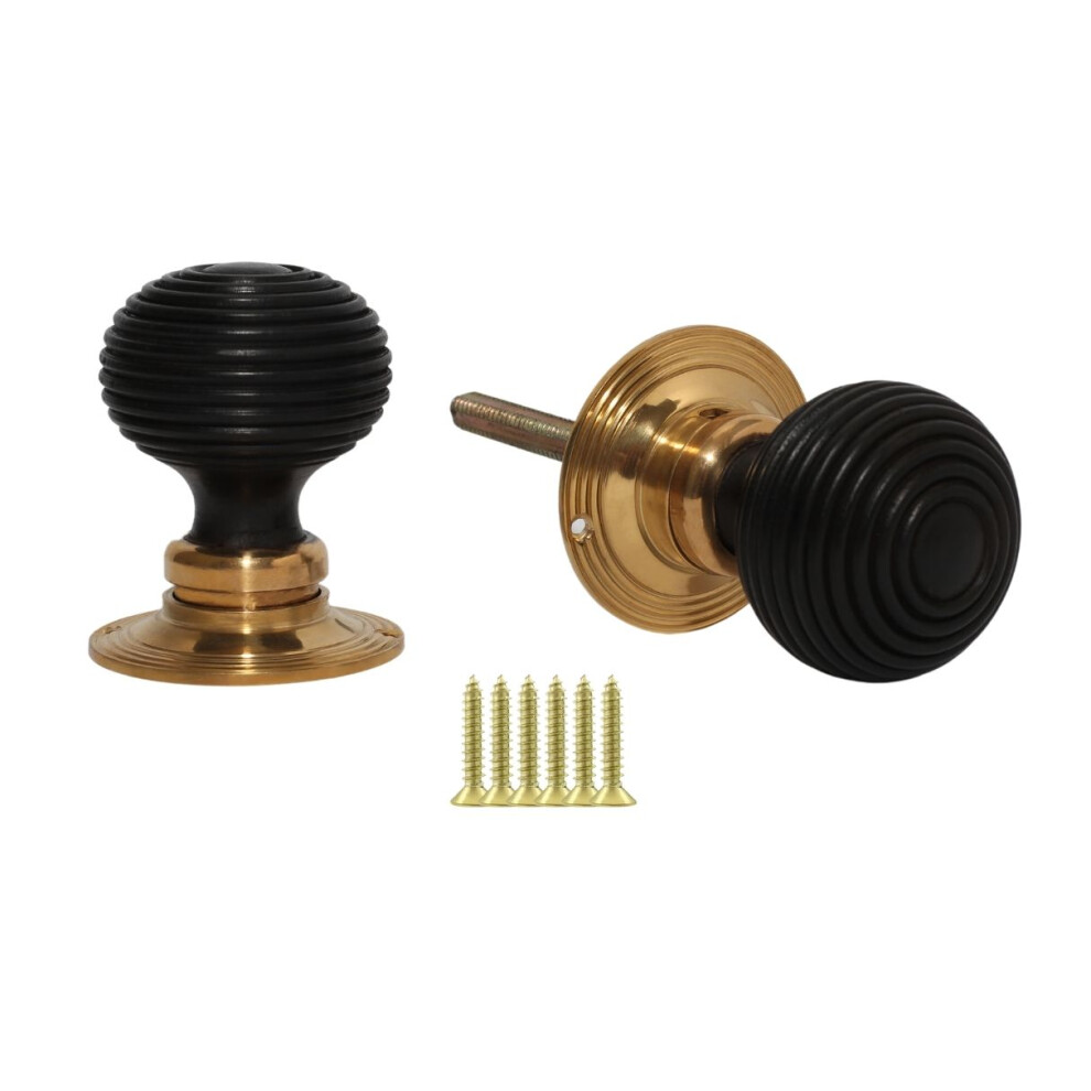 Mortice Door Knob Brass + Black Wooden Beehive By Ironmongery World 5057067960896