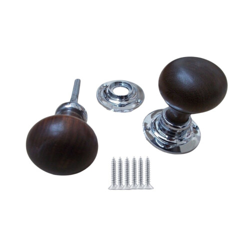 Mortice Door knob Teak + Chrome Plain Bun