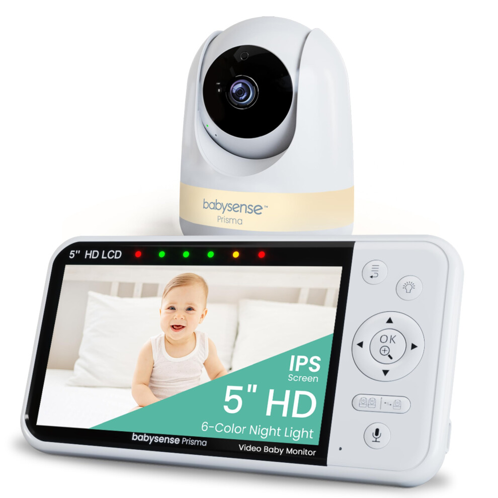 Babysense Prisma Baby Monitor With Camera And Audio, 5? Hd Video Baby Monitor, 6-Color Night Light, Split Screen, Baby Sound Machine With White N