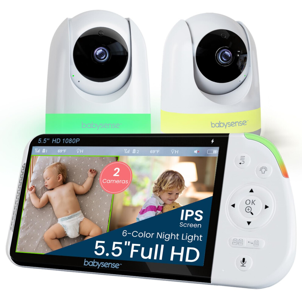 Babysense Full HD Split-Screen Baby Monitor with 2 PTZ Cameras, Two-Way Talk, 6-Color Night Light, 5000mAh Battery, Long Range, 4x Zoom, and Crys-image-OPC-PTWKR95-NEW