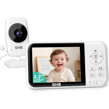 GHB Baby Monitor with Camera and Night Vision, 3.2 Inch Screen, 2-Way Audio, Temperature Sensor, 2X Zoom, Lullabies, Feeding Reminder, ECO Mode