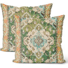 Boho kussenhoezen van linnen in groene Perzische stijl, 18x18 cm, set van 2