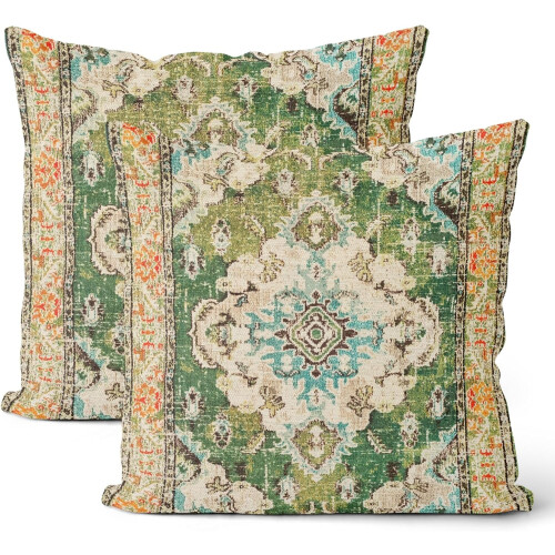 Fodere per cuscini Boho in lino verde stile persiano 18x18 cm, set da 2