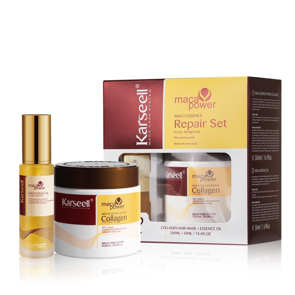 Karseell Collagen Maca Essence Repair Set, Collagen Hair Mask 500Ml & Maca Essence Hair Oil 50Ml, Argan Oil Hair Treatment For Dry Damaged Hair A