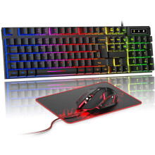 Rewurnth Gaming Keyboard and Mouse Set, UK Layout, RGB Backlit Wired Keyboard, Ergonomic 4-Color LED Gaming Mouse, Large Mousepad, USB Plug & Pla