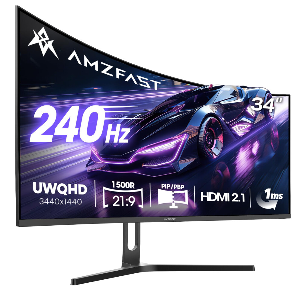 Amzfast 34 Inch Ultrawide Curved Gaming Monitor, 3440X1440 Wqhd, 240Hz, 1Ms Mprt, 1500R Fast Va, Adaptive Sync, Hdr, 3000:1 Contrast, 130% Srgb, 8677573174395