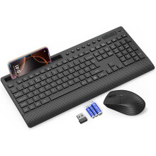 Wireless Keyboard and Mouse Combo, Full-Size 2.4GHz Quiet Keyboard with Wrist Rest, Phone Holder, Multimedia Keys, Power Switch, Cordless Set for