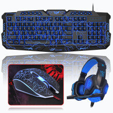 Rewurnth Gaming Keyboard and Mouse Set with Headset, UK Layout, Crack Backlit Wired Keyboard, 4 Color LED Gaming Mouse, Over-Ear Headphones, Larg