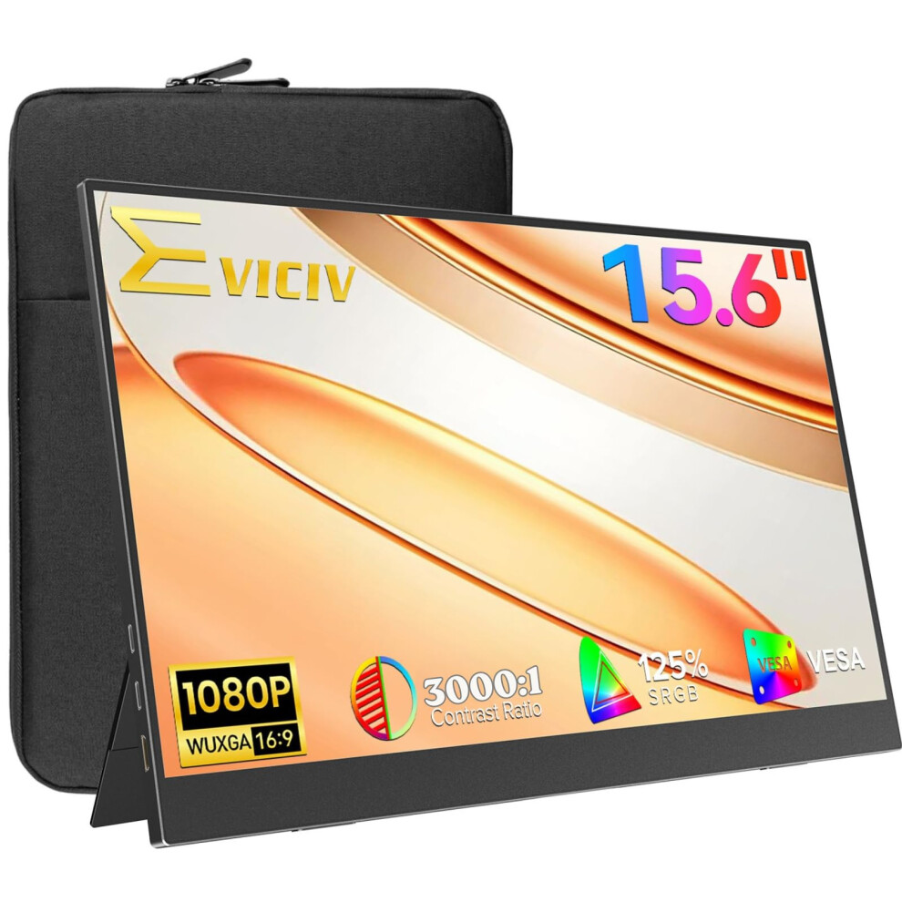 Eviciv Portable Monitor With Case, 15.6" 1080P 125% Srgb 3000:1 Fhd 350Nit 16:9 Travel Second Screen W/Vesa/Bag, Eyc Care Usb-C Mini Hdmi Externa 8677731938227