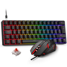Rewurnth Gaming Keyboard and Mouse Set, 60% Compact UK Layout Mini Mechanical Keyboard with RGB Backlit, Red Switch, USB-C Wired, Ergonomic 4-Col