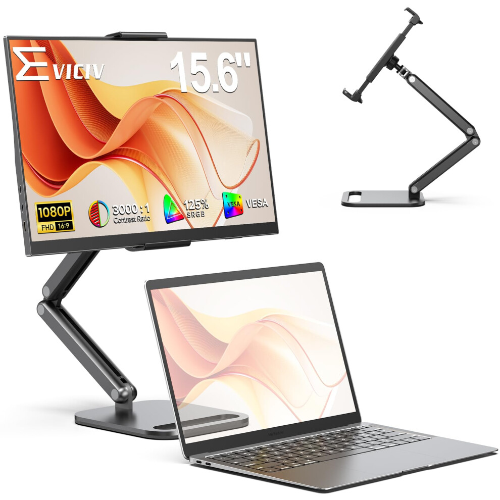 Eviciv Portable Monitor With Metal Stand, 15.6" 1080P 125% Srgb 3000:1 Fhd 350Nit 16:9 Hdr Travel Second Screen W/Vesa/Adjustable Arm, Usb-C Mini 8676688324077