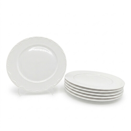 Dinner Plate 6pc Set Porcelain White Embossed Floral Dot Rim 27cm