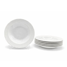 Soup Bowl Pasta Plate 4pc Set Porcelain White Embossed Floral Dot Rim
