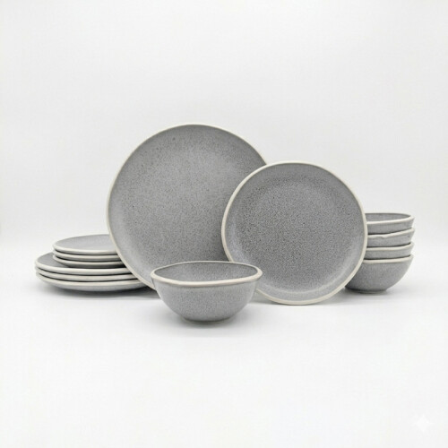 Reactive Grey Stoneware Dinnerware Set Nordic Pebble Plates & Bowls 12pc Set