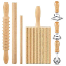 7 Pcs Pasta Making Tool, Wood Gnocchi Board with Ravioli Stamp and Rolling Pin Set, Pasta Maker for