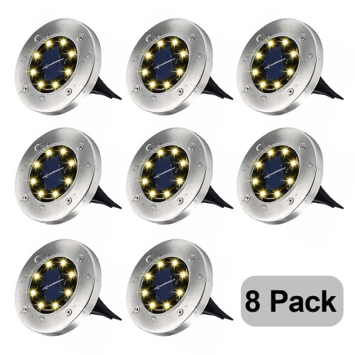 Solar Ground Lights 8 LED Stainless Steel 8 Pack