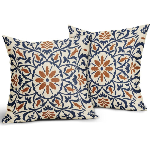 Μαξιλαροθήκες Boho σε μπλε και καμένο πορτοκαλί χρώμα, λινό 20x20 ιντσών 1