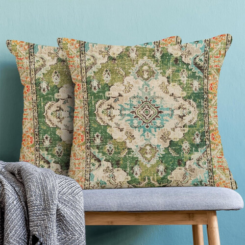 Fodere per cuscini Boho in lino verde stile persiano 18x18 cm, set da 2 1