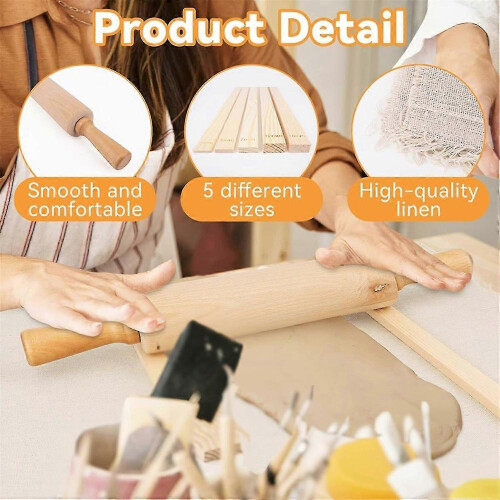 20Pcs Pottery Teaching Kit,with Rolling Pin,Pottery Teaching Rolling Mud Sticks,Clay Sculpting Tools and Premium Linen 1