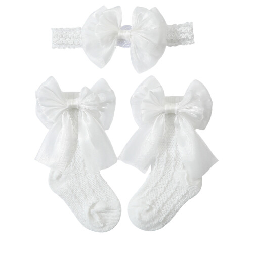 Bowknot Desisn Baby Headband Socks Set Soft Polyester-White
