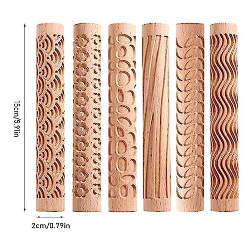 6 Pcs Clay Rolling Pin Textured Hand Roller Wooden Handle Pottery Tools Set Durable Easy To Use 2