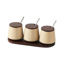 Ceramic Spices Canisters Set Of 3 With Wooden-oatmeal white AA2