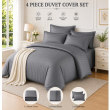 (Super King 4PC Stripe Duvet Set, Grey) Moonlight 4PC Satin Stripe Duvet Cover Set with Sheet & Pillowcases