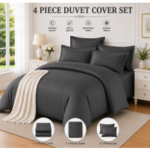 (Super King 4PC Stripe Duvet Set, Charcoal) Moonlight 4PC Satin Stripe Duvet Cover Set with Sheet & Pillowcases