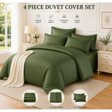(Single 4PC Stripe Duvet Set, Olive Green) Moonlight 4PC Satin Stripe Duvet Cover Set with Sheet & Pillowcases