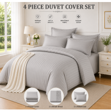 (Double 4PC Stripe Duvet Set, Silver) Moonlight 4PC Satin Stripe Duvet Cover Set with Sheet & Pillowcases