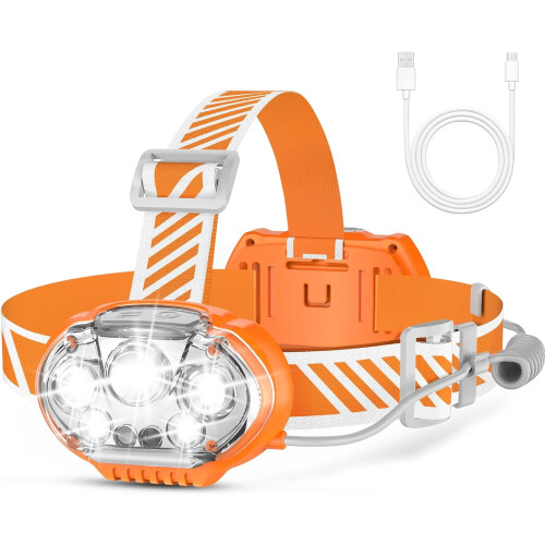 Linterna frontal recargable de 5 LED, resistente al agua IPX4, 8 modos.
