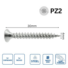 (4.0x30mm, 50) Chipboard Wood Screws Saw Thread Cut White Zinc PZ2 PZ1 All Sizes Multi Pack