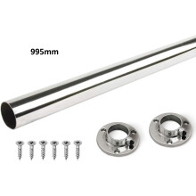 (995mm Rail + Brackets) Wardrobe Rail Round Hanging Chrome Tube 25mm + End Supports + Screws 3 Lengths