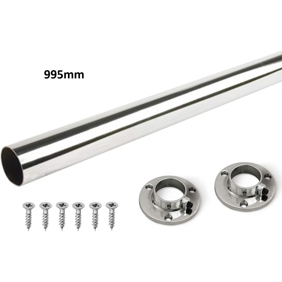 Gtv (995Mm Rail + Brackets) Wardrobe Rail Round Hanging Chrome Tube 25Mm + End Supports + Screws 3 Lengths