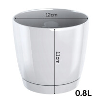 (White, 0.8L (D12cm x H11cm)) Gloss Flower Pot Planter Round Plastic With Saucer Drain Holes Modern Home Decor