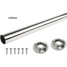 (1195mm Rail + Brackets) Wardrobe Rail Round Hanging Chrome Tube 25mm + End Supports + Screws 3 Lengths