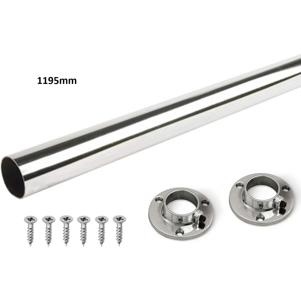 Gtv (1195Mm Rail + Brackets) Wardrobe Rail Round Hanging Chrome Tube 25Mm + End Supports + Screws 3 Lengths