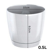(White, 0.5L (D10cm x H9.2cm)) Gloss Flower Pot Planter Round Plastic With Saucer Drain Holes Modern Home Decor