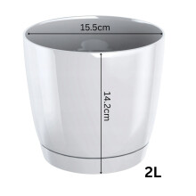 (Graphite, 2L (D15.5cm x H14.2cm)) Gloss Flower Pot Planter Round Plastic With Saucer Drain Holes Modern Home Decor