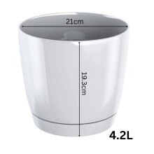 (White, 4.2L (D21cm x H19.3cm)) Gloss Flower Pot Planter Round Plastic With Saucer Drain Holes Modern Home Decor