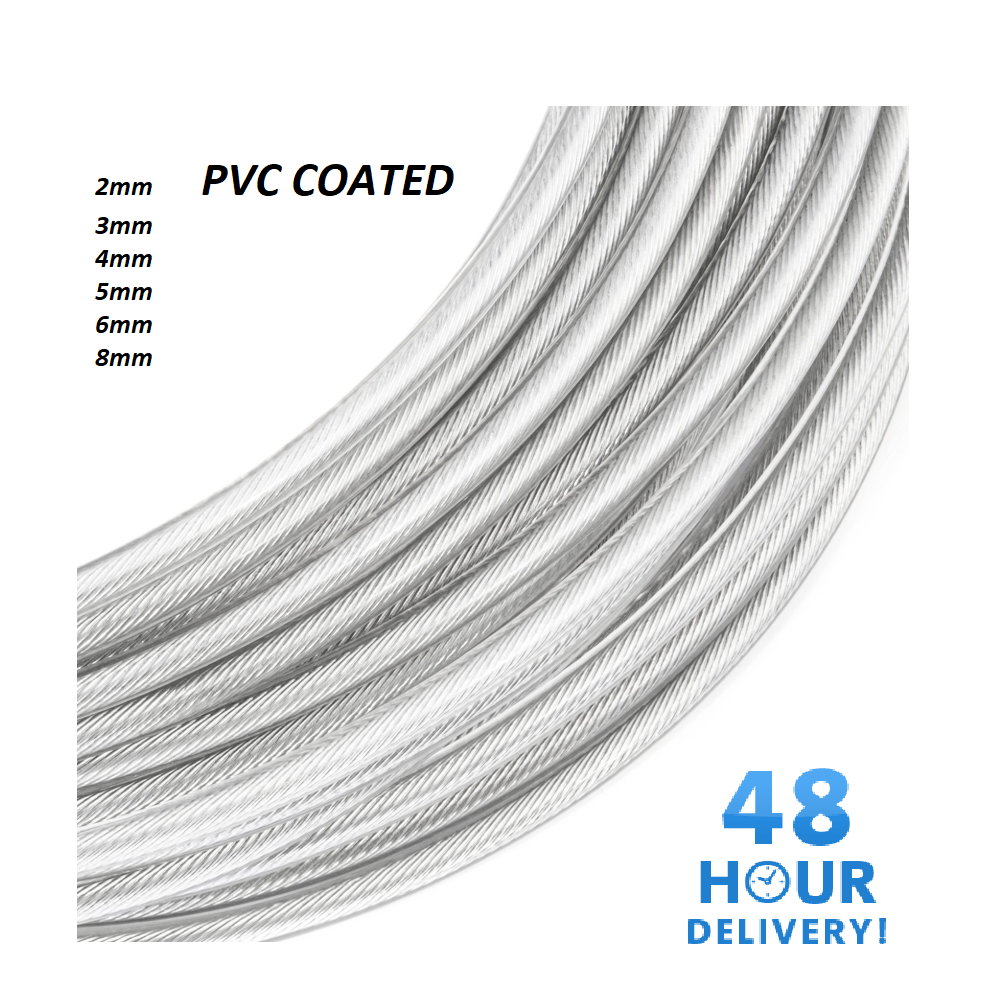 (15 Metre, 2Mm) Steel Wire Rope Metal Cable Rigging 7X7 Pvc Plastic Coated 2,3,4,5,6,8Mm 7427037824929
